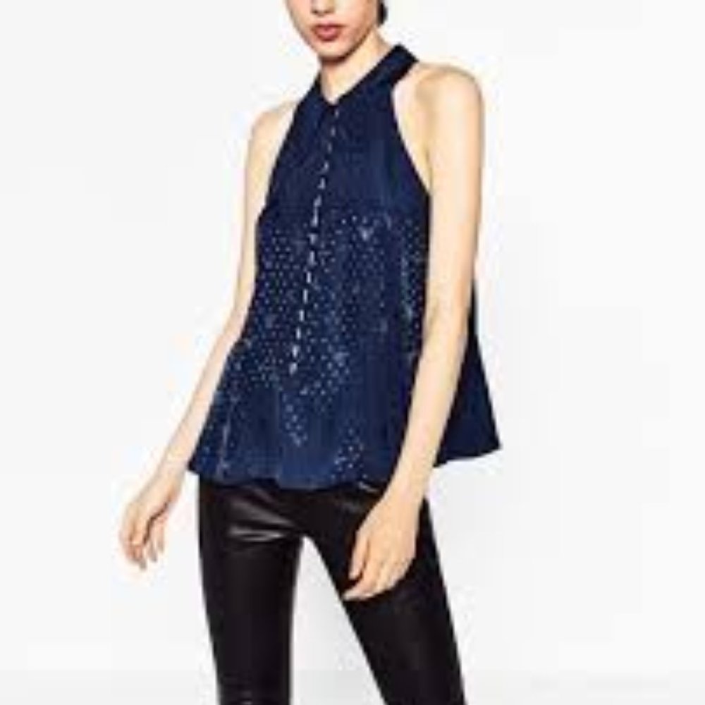 NWT Zara Navy Shiny Flowing Stars Halter Top